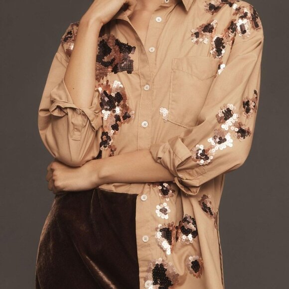 Anthropologie Tops - Maeve The Bennet Buttondown Sequin Shirt Tan Size XS
